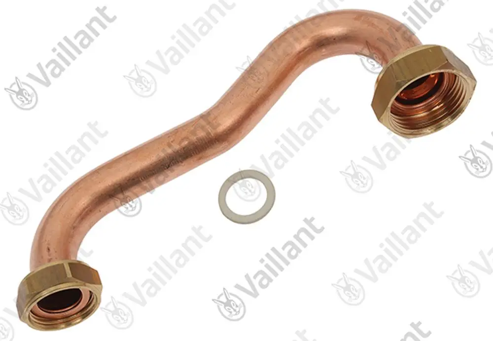 Kupferrohr mit zwei gewindedurchmessern, Verbindungselementen und einer Dichtung, hergestellt von Vaillant.